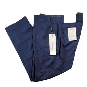 Calvin Klein Performance Dress Pant Men 40x30 Blue & Black Plaid Slim-Fit‎ NEW